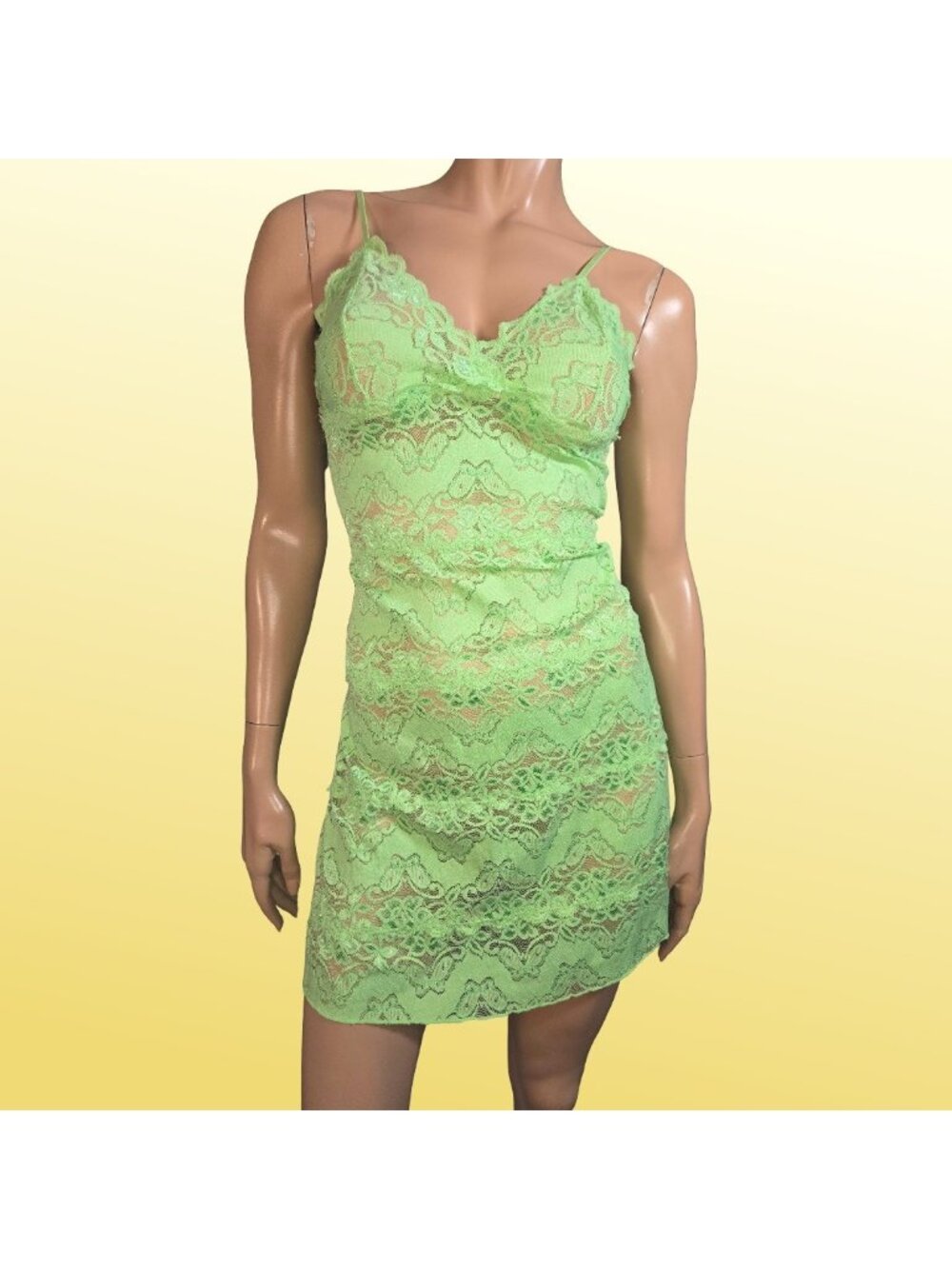 Y2K Vintage Lime Green Butterfly Lace Chemise Mini Dress Size L Fairy Lingerie